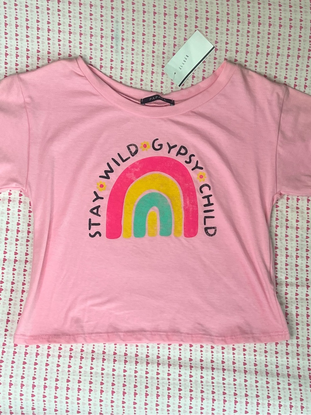 Papaya Pink Tee with Rainbow Graphic
